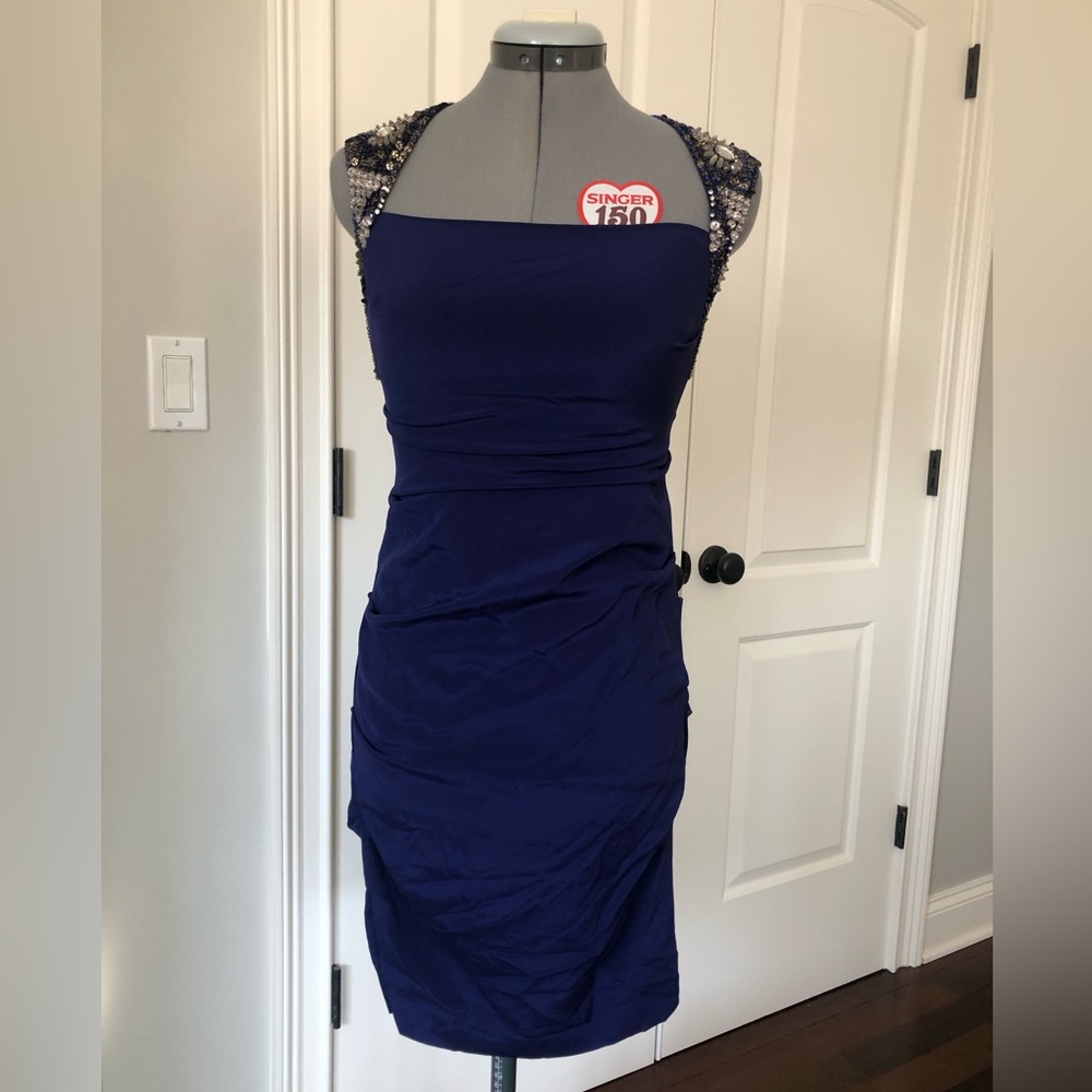 Nicole Miller Navy Ruched Beaded Mini Dress - Size 2 - Picture 3 of 10